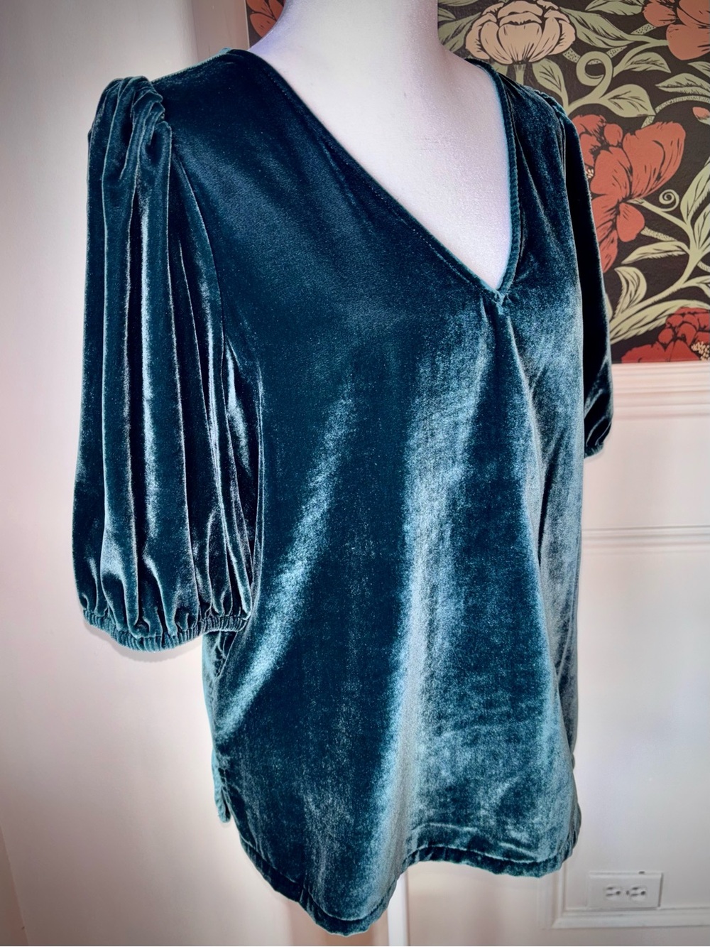 Velvet Puff Sleeve V-Neck Top Teal Blue Romantic Style